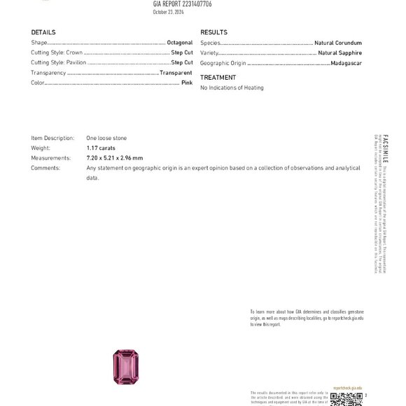 Emerald Natural Mined Loose Sapphire (1.17 Ct Pink Vs2) Gia C53000064 - Picture 5 of 6